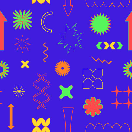 Vector trendy abstract cool retrowave seamless pattern with memphis geometric shapes. Retro 90s Pop...