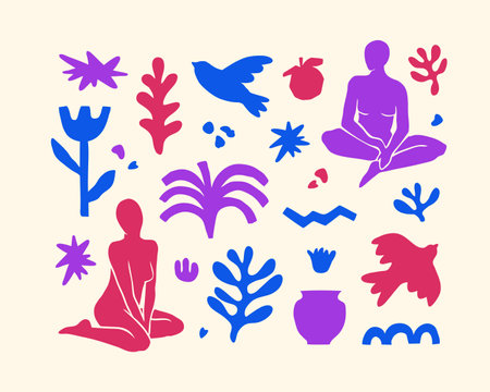 Vector set with trendy aesthetic elements inspired by modern minimal Matisse cut out style. Geometric shapes, flowers, plants, female figures for print, cover, wall art, poster, logo, pattern, collageのイラスト素材