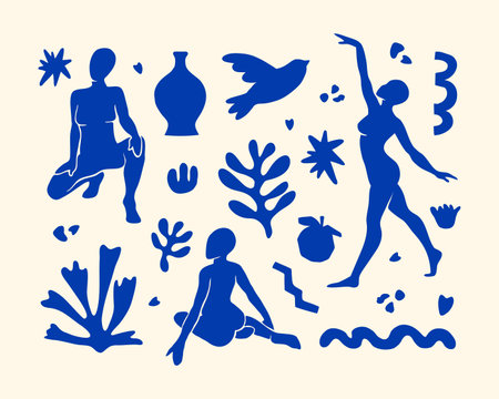 Vector set with trendy aesthetic elements inspired by modern minimal Matisse cut out style. Geometric shapes, flowers, plants, female figures for print, cover, wall art, poster, logo, pattern, collageのイラスト素材