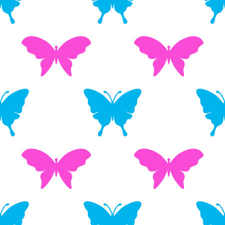 Vector cute butterfly seamless repeat pattern design background. Trendy colorful butterflies silhouettes for fashion, cover, textile.のイラスト素材