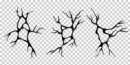 Vector set of illustrations of ground cracks top view, ruined earthquake cracking holes. Collection of realistic damaged surface texture isolated on transparent background.のイラスト素材
