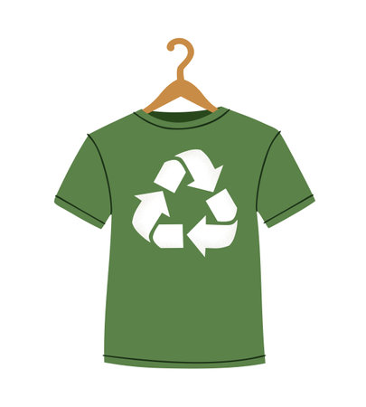 Vector illustration of green recycling t-shirt with clothes hanger, recycle symbol isolated on white background - sustainable fashion concept, environment care, slow fashion.のイラスト素材