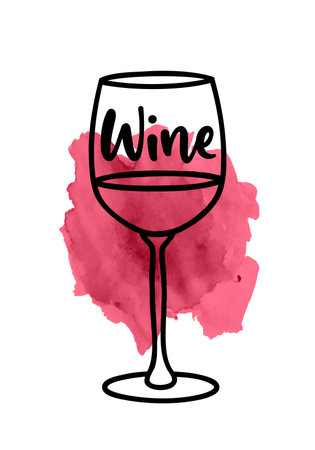 Vector illustration of glass of sweet or dry red Wine and realistic wine stain texture. Icon, emblem, simple sketch for cafe, bar or restaurant menu design. Wine tasting, wine card, wine barのイラスト素材