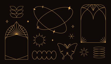 Vector set of linear minimalistic aesthetic frames, borders, geometric shapes with stars in boho and funky 2yk style. Rectangular, arch elements for social media, decoration, logo design templateのイラスト素材