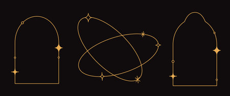 Vector set of linear minimalistic aesthetic frames and borders with stars. Round, oval and arch modern geometric shapes with sparkles for social media, decoration, logo design templates, layoutsのイラスト素材