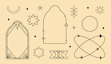 Vector set of linear minimalistic aesthetic frames, borders, geometric shapes with stars in boho and funky 2yk style. Rectangular, arch elements for social media, decoration, logo design templateのイラスト素材