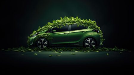 Modern electric car with green leaves and plants. Car ecology, eco transport, renewable and clean energy concept.の素材