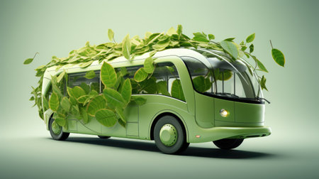 Modern electric bus with green leaves and plants. Bus ecology, eco transport, renewable and clean energy concept.の素材