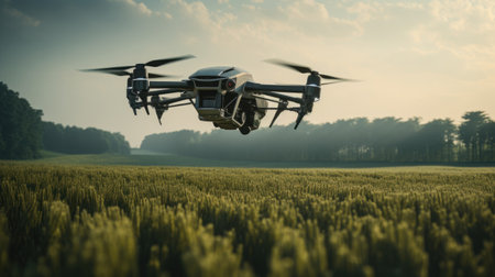 Air drone flying above the farm field. modern agriculture technology conceptの素材