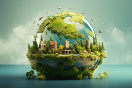 Bulb filled with green trees, plants and buildings. Concept of green city, renewable and clean energy, sustainable resources, Earth Day.の素材