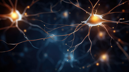 Background with neurons and synapse stuctures showing human brain cells chemistry with place for textの素材