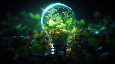 Light bulb filled with green leaves and plants. Concept of renewable and clean energy, sustainable resources, Earth Day.の素材