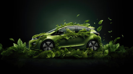 Modern electric car with green leaves and plants. Car ecology, eco transport, renewable and clean energy concept.の素材