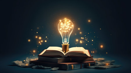 Light bulb and books. Online education, idea, innovation concept. science backgroundの素材