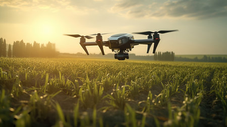 Air drone flying above the farm field. modern agriculture technology conceptの素材