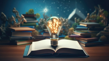 Light bulb and books. Online education, idea, innovation concept. science backgroundの素材