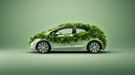 Modern electric car with green leaves and plants. Car ecology, eco transport, renewable and clean energy concept.の素材