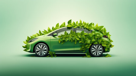Modern electric car with green leaves and plants. Car ecology, eco transport, renewable and clean energy concept.の素材