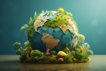 Bulb filled with green trees, plants and buildings. Concept of green city, renewable and clean energy, sustainable resources, Earth Day.の素材