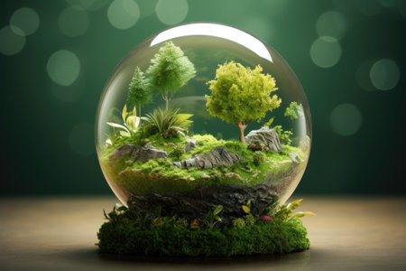 Bulb filled with green trees, plants and buildings. Concept of green city, renewable and clean energy, sustainable resources, Earth Day.の素材