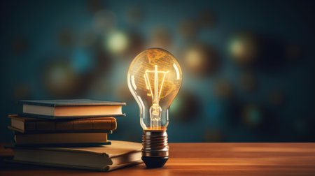 Light bulb and books. Online education, idea, innovation concept. science backgroundの素材