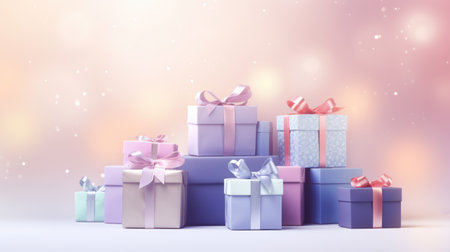 Festive background with gift boxes with place for text. Celebration mock-up with wrapped giftsの素材