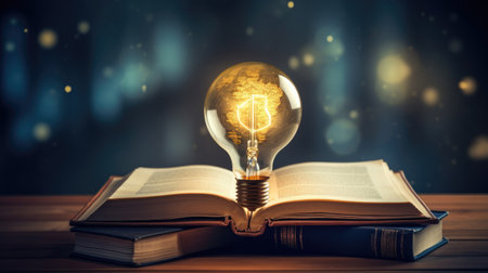 Light bulb and books. Online education, idea, innovation concept. science backgroundの素材