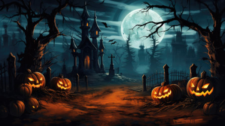 Halloween background with pumpkins, moon, road and graveyardの素材