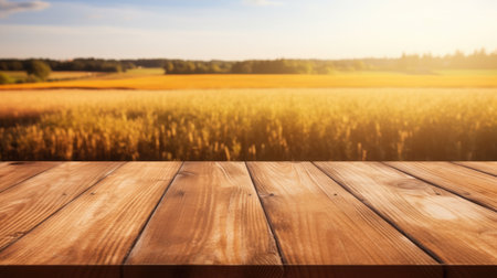 Mock-up with empty wood table top on blurred wheat landscape backgroundの素材