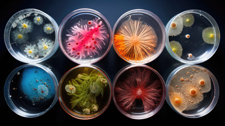 Background with mixed bacteria colonies, fungi or microbes in various petri dish. Growing cultures of microorganismsの素材