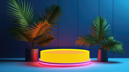 Mock up of summer neon podium scene with palm leaves, product presentation showcaseの素材