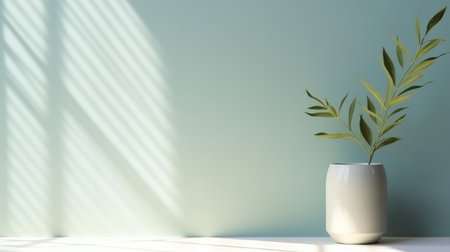 Mock up with blurred shadow and palm leaves on the light pastel color wall. Minimal abstract background for product presentation, showcaseの素材