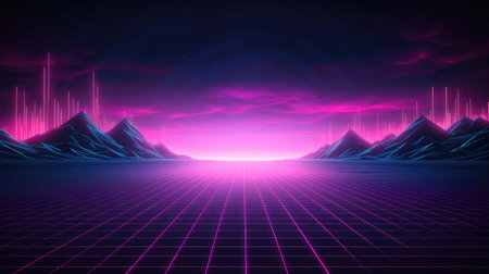 Vaporwave, synthwave retro style neon landscape background with mountains, sunsetの素材