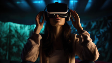 Young woman wearing VR glasses. Modern technology, metaverse conceptの素材