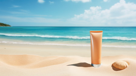 Mock-up of beauty product standing in the sand in summer. sun protection backgroundの素材