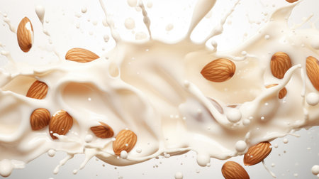 Pouring almond alternative milk liquid splashes with almond nuts background. Plant based eco organic healthy beverage conceptの素材