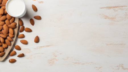 Alternative almond milk background with almond nuts and place for text. Plant based eco organic healthy product conceptの素材