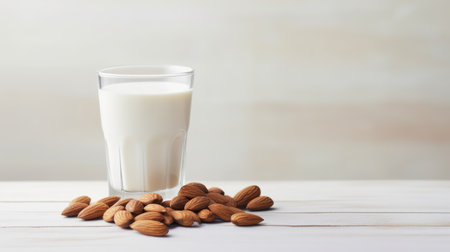 Alternative almond milk background with almond nuts and place for text. Plant based eco organic healthy product conceptの素材