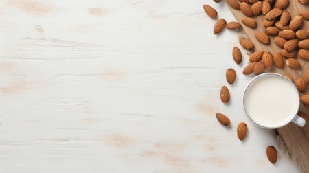 Alternative almond milk background with almond nuts and place for text. Plant based eco organic healthy product conceptの素材