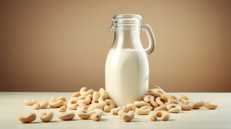 Alternative cashew milk background with bottle of milk and place for text. Plant based eco organic healthy product conceptの素材