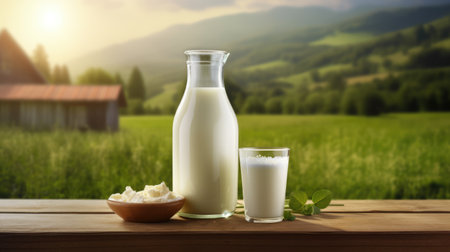 Glass and jar of milk on blurred farm background and place for text. Concept of eco farm fresh product, healthy foodの素材