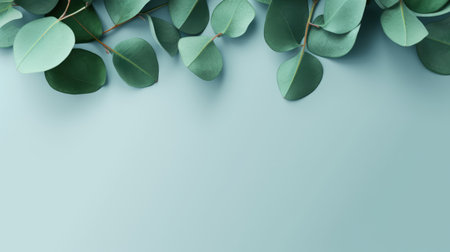 Background with top view eucalyptus branches isolated. Elegant flat lay mock up with leavesの素材