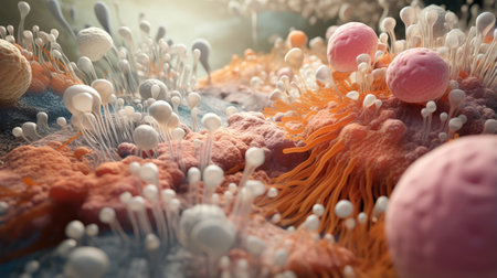 Background with mixed bacteria colonies, virus, fungi or microbes. Growing cultures of microorganisms. Biology, science, medicine conceptの素材