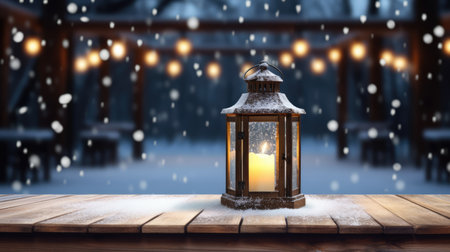 Mock up with Christmas lantern on blurred winter snowy background. Christmas and New Year decoration, background for presentation or showcaseの素材