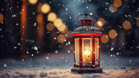 Mock up with Christmas lantern on blurred winter snowy background. Christmas and New Year decoration, background for presentation or showcaseの素材