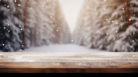 Mock up with empty wooden desk on blurred winter snowy background. Christmas and New Year mood. Background for product presentation or showcaseの素材