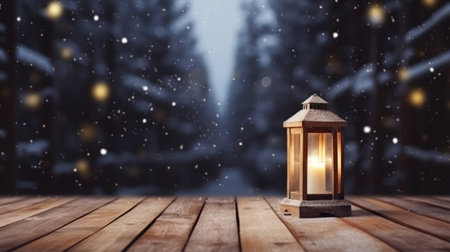 Mock up with Christmas lantern on blurred winter snowy background. Christmas and New Year decoration, background for presentation or showcaseの素材
