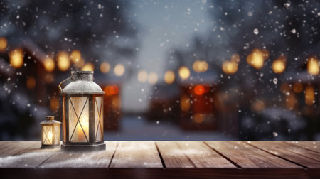 Mock up with Christmas lantern on blurred winter snowy background. Christmas and New Year decoration, background for presentation or showcaseの素材
