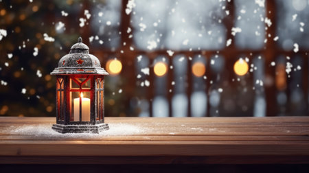 Mock up with Christmas lantern on blurred winter snowy background. Christmas and New Year decoration, background for presentation or showcaseの素材