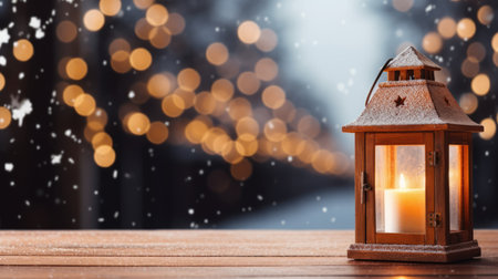 Mock up with Christmas lantern on blurred winter snowy background. Christmas and New Year decoration, background for presentation or showcaseの素材